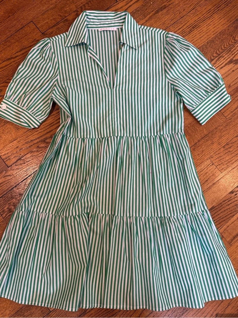Karlie Green and White Striped Cotton Tiered Dress